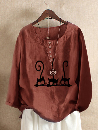 Plus Size Gato dos desenhos animados Imprimir gola manga comprida Blusa