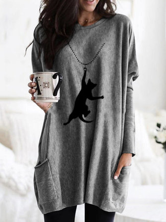 Frauen Cartoon Katze Print Langarm lose Bluse