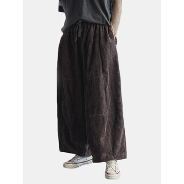 Mens Vintage Corduroy Elastic Waist Loose Wide Leg Pants