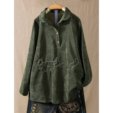 かわいい漫画猫プリントボタンターンダウン襟ブラウス