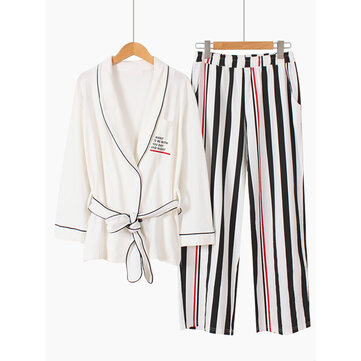 Повседневный пижамный комплект с длинными рукавами из хлопкового кимоно в полоску