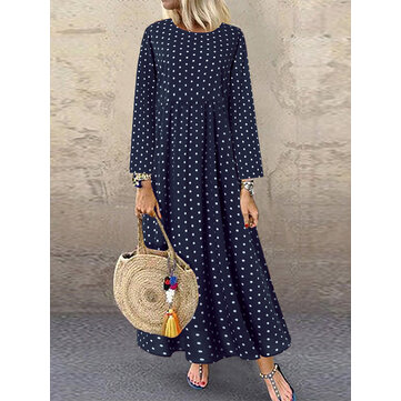 Mulheres casual o-pescoço polka dot manga longa bolsos laterais vestido