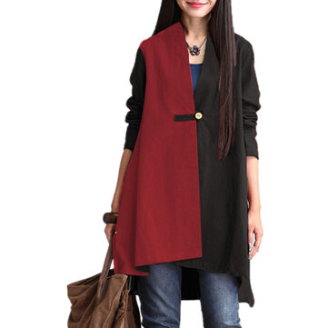 Mulheres casuais bot&atilde;o cor patchwork casacos de outono