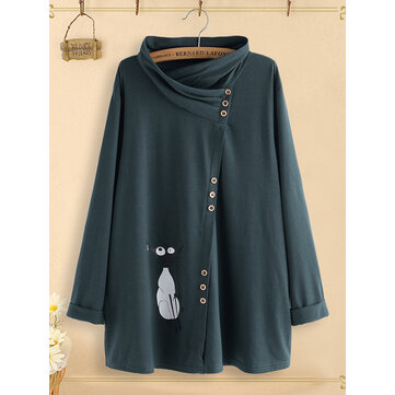 Asymetryczna bluzka z golfem z kreskówkowym kotem