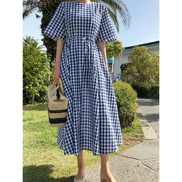 Women Summer Short Sleeve Plaid Bow-knot Casual Dress