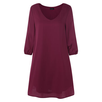 Kadın Yaz Solid Casual 3/4 Kol Gömlek Mini Elbise