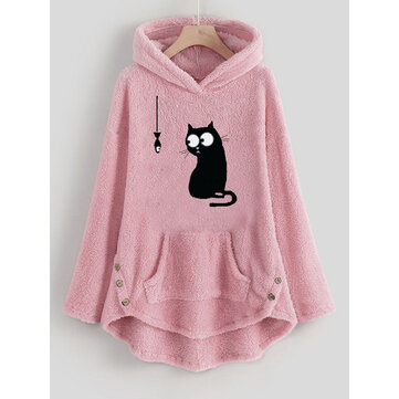 Kadın Karikatür Kedi Yan Düğme Kapüşonlu Polar Sweatshirt