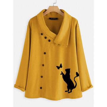 Kadın Nedensel Düğme Çizgi Film Kedi Yazdır Bluz