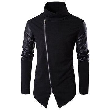 Asymmetric Inclined Placket Splicing Leather Sleelve Jacket