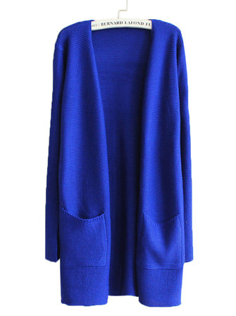 Candy Color Women Long Sleeve Casual Double Pockets Knit Cardigan