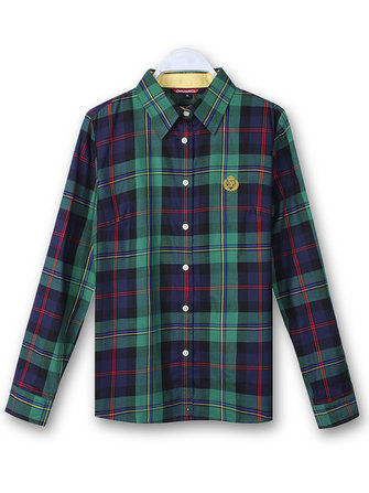 Women Cotton Knopf Bluse Plaid Turn Down Langarmshirt